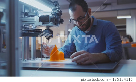 Man inspecting 3D printed orange object. Man inspecting 3D printed orange object. 125134115