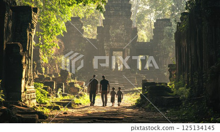 Family exploring ancient temple ruins. 125134145