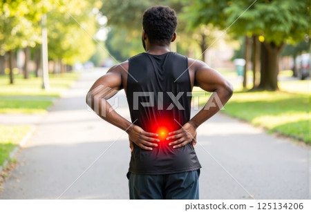 Athletic man holding lower back in pain after exercise standing outdoors in park on sunny day injury muscle discomfort Athletic man holding lower back in pain after exercise standing outdoors in park on sunny day injury muscle discomfort 125134206