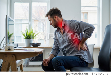 Office worker suffering from severe back and neck pain while sitting at computer desk during long work hours, showing discomfort from poor posture and sedentary lifestyle 125134207