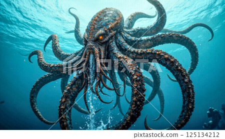 Giant kraken underwater attacking with tentacles, deep ocean monster creature, ancient sea beast, fantasy marine predator, terrifying mythological cephalopod emerging from abyss 125134212