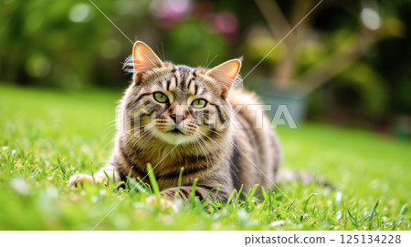 Beautiful fluffy cat laying on green lawn with peaceful expression enjoying sunny day surrounded by nature and soft background Beautiful fluffy cat laying on green lawn with peaceful expression enjoying sunny day surrounded by nature and soft background 125134228