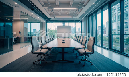 Modern office meeting room with large wooden table, black leather chairs, glass walls, natural light, green plants, spacious professional workspace 125134253