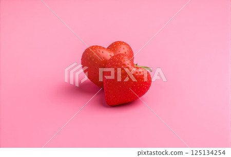 Heart-shaped strawberry on pink background, vibrant red fruit design, symbol of love and health, sweet and juicy, creative decoration, close-up concept photography 125134254