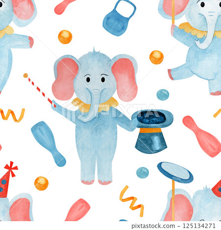 Seamless pattern watercolor hand drawn cartoon elephants illusionist, juggler and confetti, balls, kettlebells on white background. For birthday greetings, scrapbook, packages of children's goods. 125134271