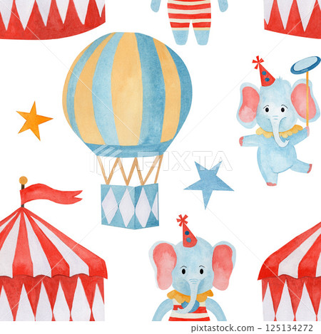Seamless pattern watercolor hand drawn cartoon elephants strongman, juggler and stars, tent, stars, balloon on white background. For child fabric, wallpaper nursery, textile printing, wrapping paper 125134272