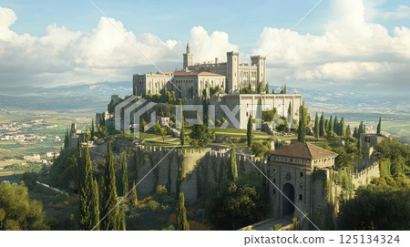 Majestic hilltop castle with lush greenery, overlooking a sprawling valley under a partly cloudy sky. 125134324