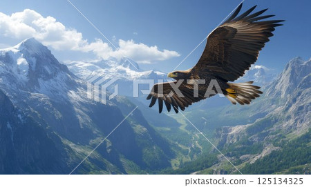 Majestic eagle in flight over snow-capped mountains. 125134325