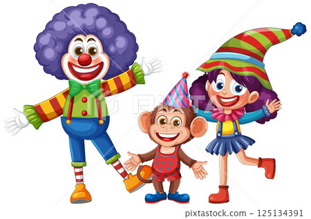 Colorful Clown Trio with Playful Monkey 125134391