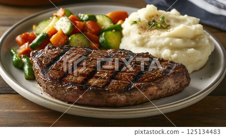 Grilled steak, mashed potatoes, and mixed vegetables on a plate. 125134483