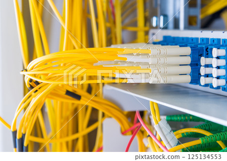 fiber optic cables connected into main data switch fiber optic cables connected into main data switch 125134553