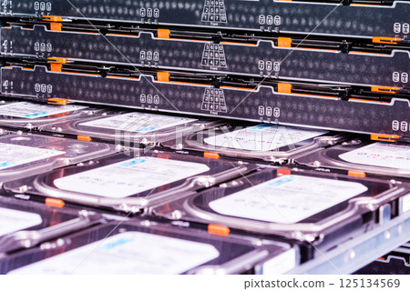 server cabinet with open hard disk cluster tray 125134569