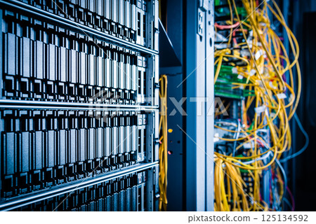 cluster of data storage SSD hard drives inside server rack 125134592