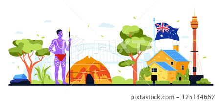 Aboriginal near Captain Cooks Cottage - modern colored vector illustration 125134667