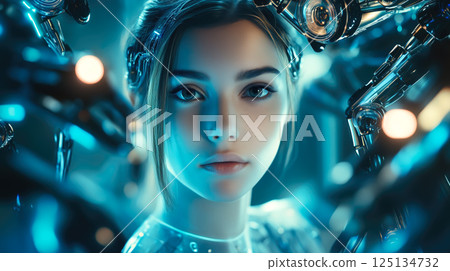 A woman interacts with artificial intelligence technology. The concept of AI integration, human-machine collaboration, and technological advancement. Generative AI. 125134732