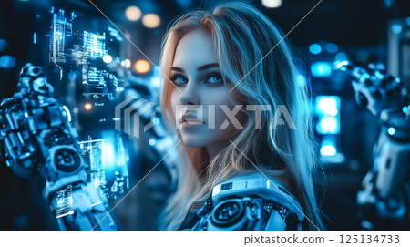 A woman interacts with artificial intelligence technology. The concept of AI integration, human-machine collaboration, and technological advancement. Generative AI. 125134733