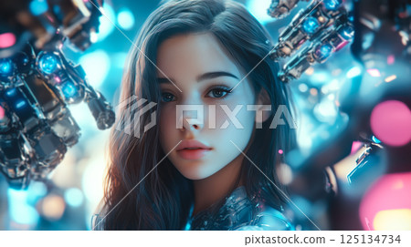 A woman interacts with artificial intelligence technology. The concept of AI integration, human-machine collaboration, and technological advancement. Generative AI. 125134734