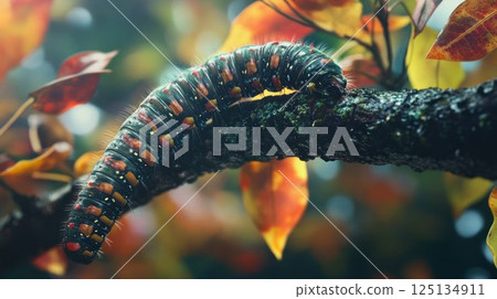 Vibrant caterpillar on autumn branch. 125134911