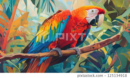 Vibrant scarlet macaw perched on a branch amidst lush tropical foliage. 125134918
