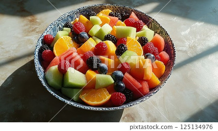 Fresh summer fruit salad in a bowl. 125134976