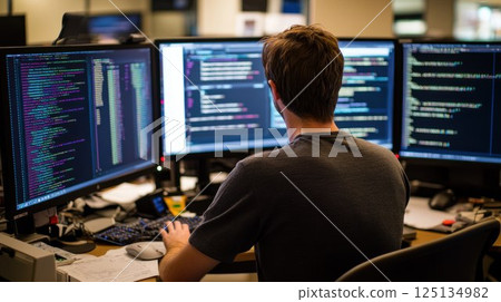 Programmer coding on triple monitors. 125134982