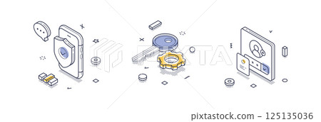 Isometric line icons representing internet security concepts and digital protection tools 125135036