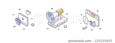 Isometric line icons for social media communication and engagement Isometric line icons for social media communication and engagement 125135037