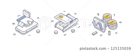 Modern isometric line icons illustrating various aspects of online payments and transactions Modern isometric line icons illustrating various aspects of online payments and transactions 125135039