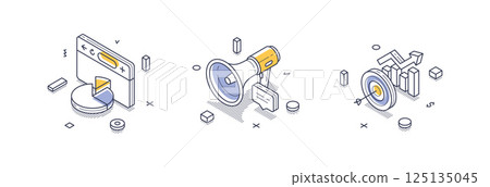 Isometric line icons representing online marketing strategies and communication tools 125135045