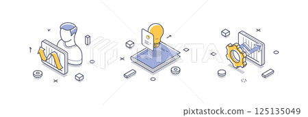 Isometric line icons showcasing business solutions for modern enterprises and innovation Isometric line icons showcasing business solutions for modern enterprises and innovation 125135049