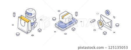 Isometric line icons depicting delivery concepts with a robot, package, and mobile device Isometric line icons depicting delivery concepts with a robot, package, and mobile device 125135053