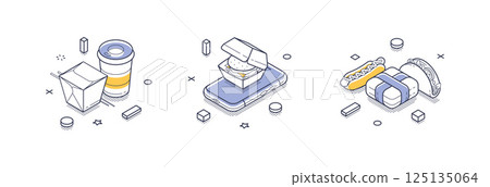 Food delivery icons showcasing takeout drinks, sandwiches, and snacks in a modern design 125135064