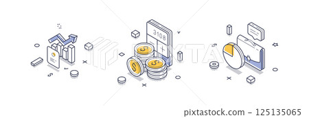 Modern isometric line icons representing financial report concepts for clear infographics 125135065