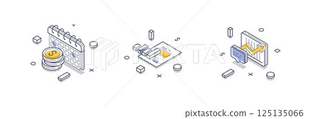 Visual representation of financial report concepts with isometric line icons in modern style 125135066