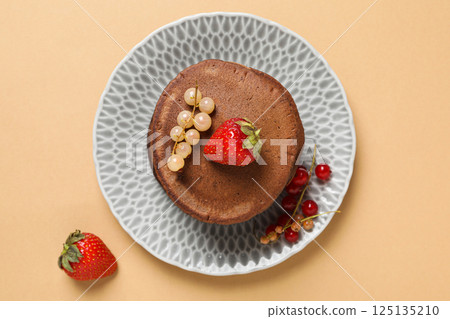 Chocolate pancakes, tasty breakfast, concept of delicious food 125135210
