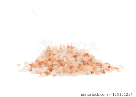 Pink sea salt on white background, close up 125135234