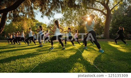 Women's fitness class outdoors in park at sunset. Women's fitness class outdoors in park at sunset. 125135309