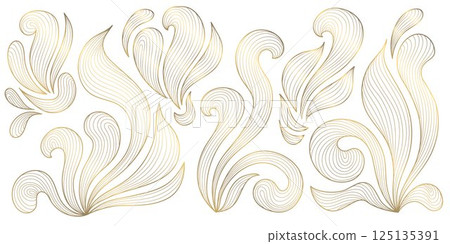 Vector set of abstract line wave elements, art deco golden swirl luxury shapes, leaves, flow water templates. Elegant modern design glitter ornaments. 125135391