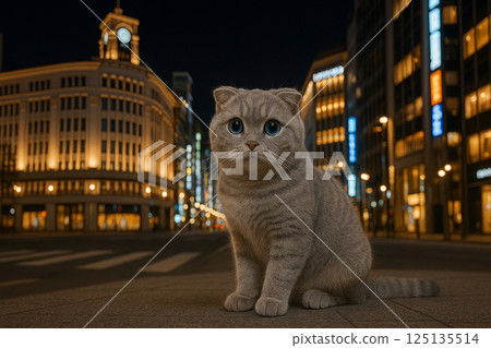 Scottish Fold kitten in the night view of Ginza, Tokyo Scottish Fold kitten in the night view of Ginza, Tokyo 125135514