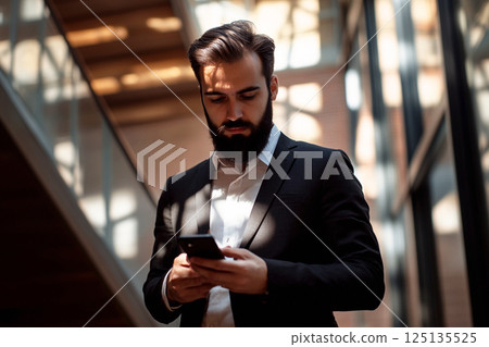 A bearded hipster businessman in a modern office, engaged in a phone conversation, conveying entrepreneurial spirit and innovation. startups, entrepreneurship, business communication A bearded hipster businessman in a modern office, engaged in a phone conversation, conveying entrepreneurial spirit and innovation. startups, entrepreneurship, business communication 125135525