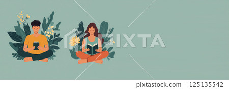 A man and woman engaged in reading digital books on their devices, surrounded by a digital library setting. promoting digital reading, online education platforms, and educational resources 125135542