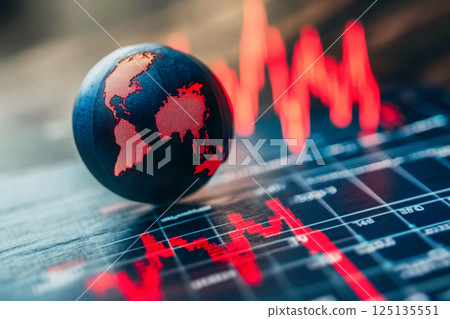 Red crisis chart overlaying a planet Earth image, symbolizing global financial recession. Elements include the USA, economic downturn, world crisis 125135551