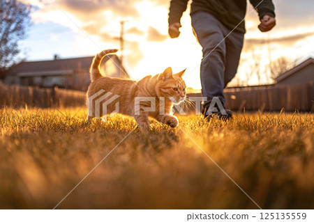 Ginger cat walking alongside a man, enjoying a casual stroll outdoors. The bond between pet and owner is highlighted in this peaceful, harmonious moment 125135559