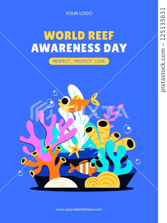 Social Media Flyer for World Reef Awareness Day with Cartoon Sea Life 125135631