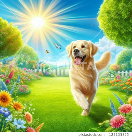 Golden retriever playing outside on a nice day 125135835