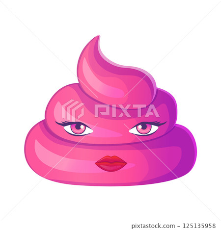 Funny poop emoji in shiny pink color with feminine eyes and lips, styled like a glamorous character. Isolated on white. Stock vector illustration in cartoon style. Funny poop emoji in shiny pink color with feminine eyes and lips, styled like a glamorous character. Isolated on white. Stock vector illustration in cartoon style. 125135958