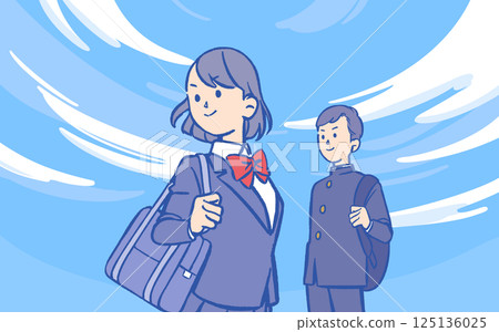 Male and female students in uniform under the blue sky 125136025