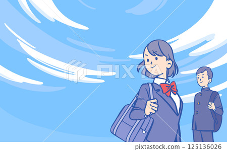 Male and female students in uniform under the blue sky 125136026