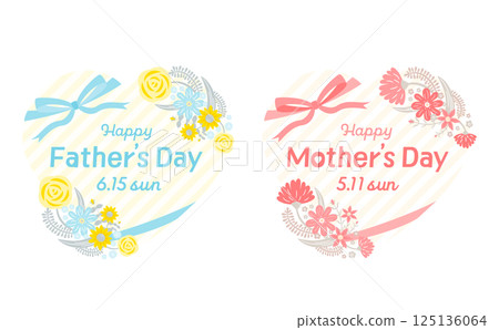 Father's Day and Mother's Day heart-shaped flower frame illustration set: gift banner image logo 125136064