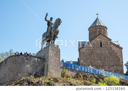 Metekhi church and King Vakhtang Gorgasali monument in Tbilisi, Georgia Metekhi church and King Vakhtang Gorgasali monument in Tbilisi, Georgia 125136160